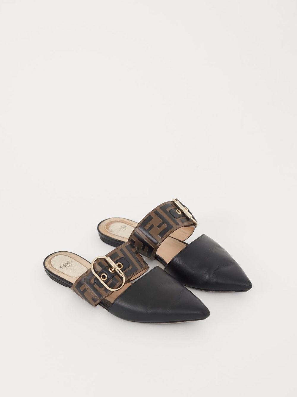 Fendi Zucca Vitello FF Embossed Buckle flat mules